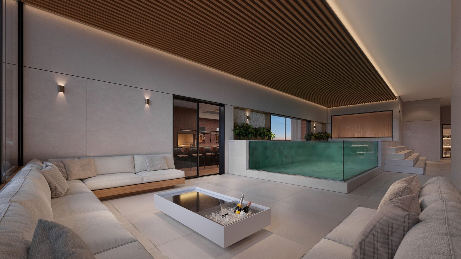 Piscina com borda de vidro e sofás