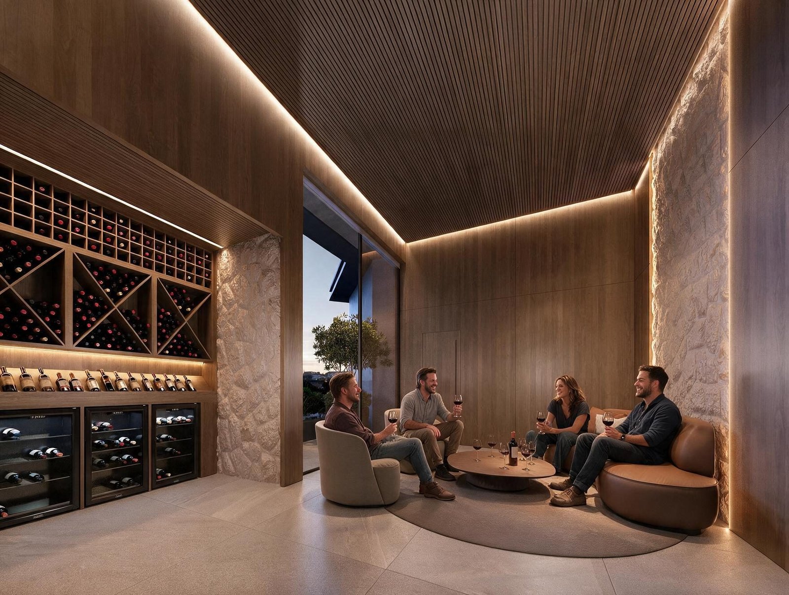 Wine bar com poltronas e adega climatizada