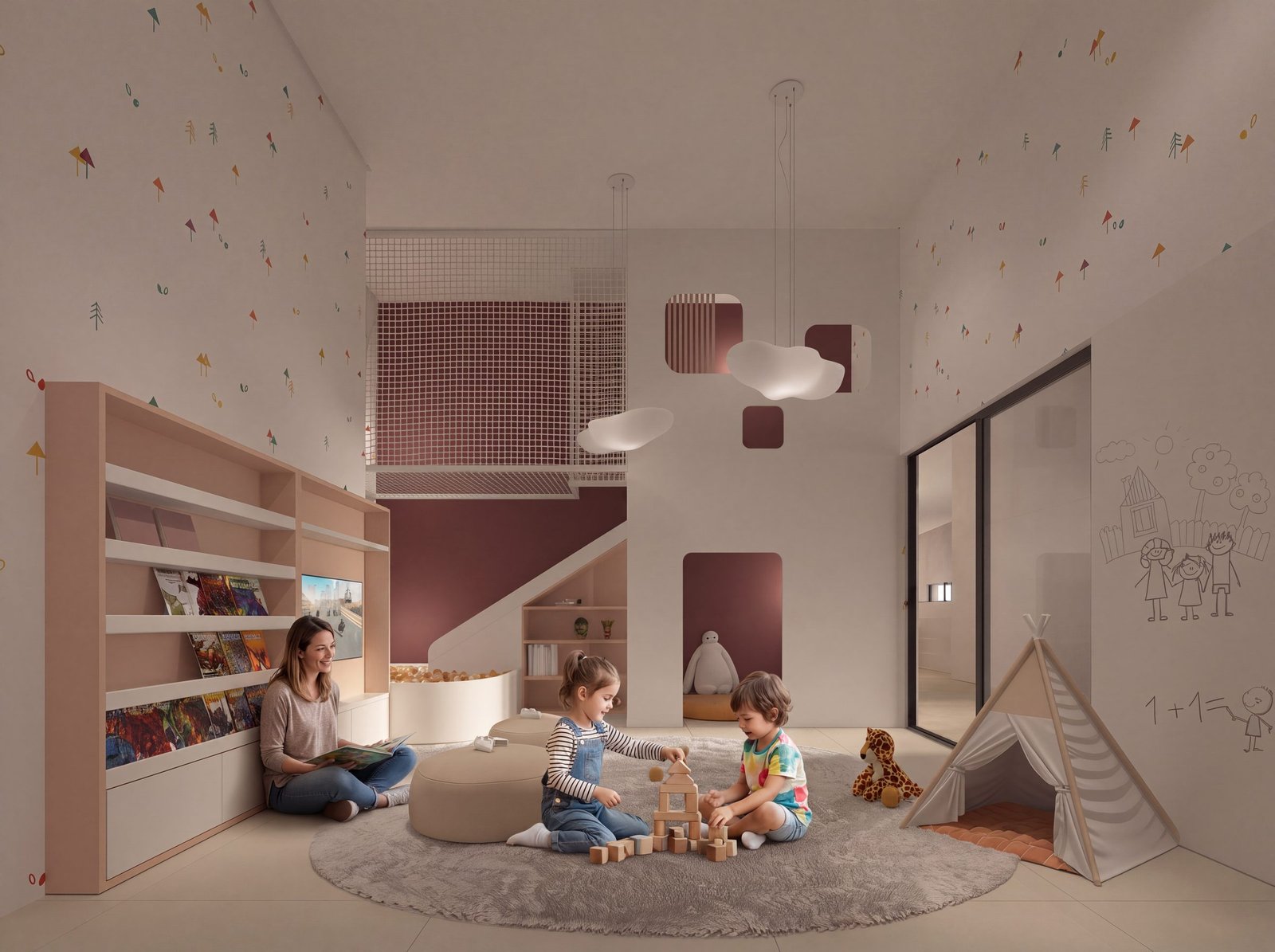Espaço kids com parede de escalada e cabana