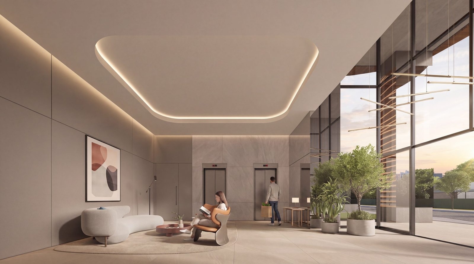 Hall de entrada com poltronas e jardim