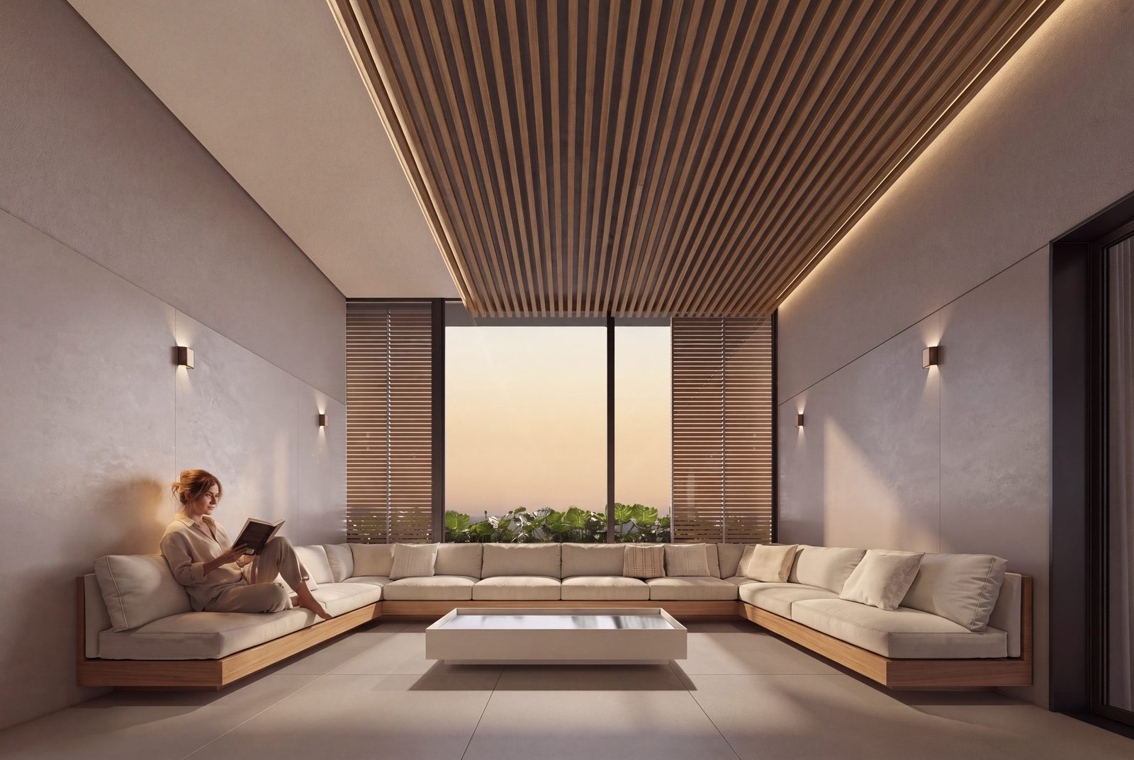 Lounge com sofá em U e forro de madeira