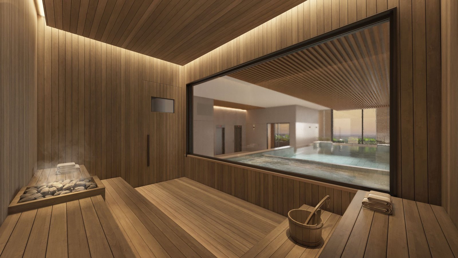 Sauna em madeira com vista para a piscina